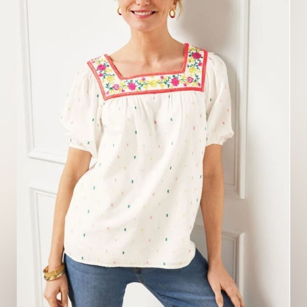 Talbots White Square-Neck Embroidered Puff Sleeve Blouse with Pink Trim